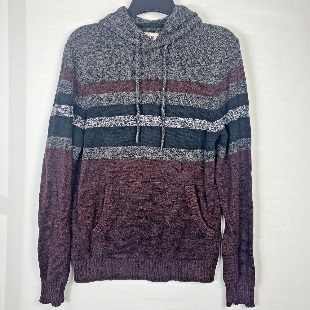 Urban Pipeline Sweater Hooded Pullover Striped Black Gray Maroon Size Small